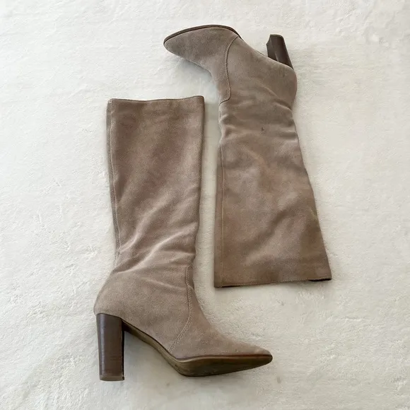 Dolce Vita Celine Knee High Stacked Heel Suede Grey Beige Boots