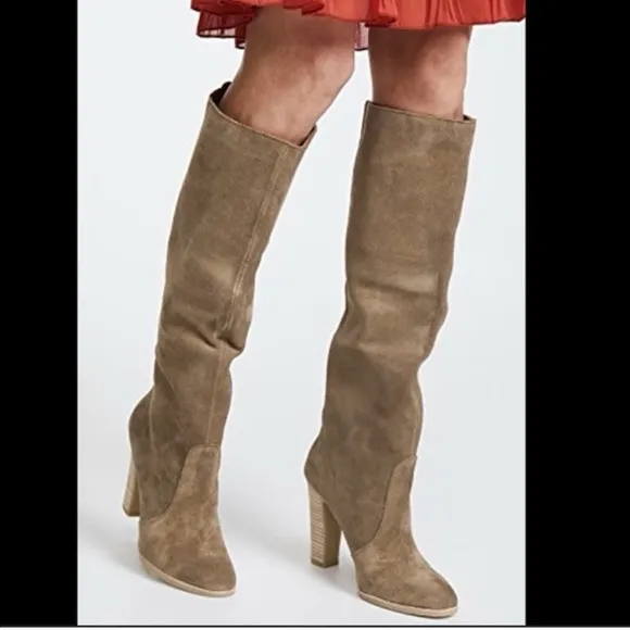 Dolce Vita Celine Knee High Stacked Heel Suede Grey Beige Boots