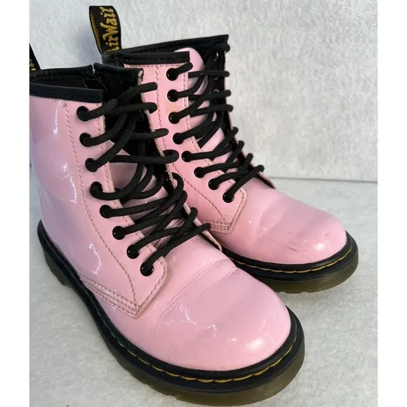 DR DOC MARTENS Girls Pink Boots Shoe 1460 J Patent Leather‎ Youth Sz 1 US