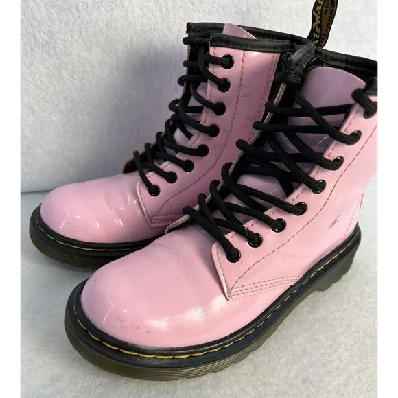 DR DOC MARTENS Girls Pink Boots Shoe 1460 J Patent Leather‎ Youth Sz 1 US