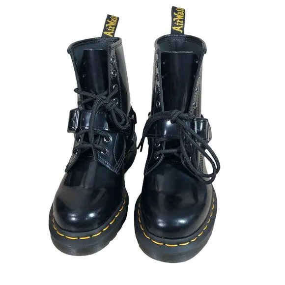 Dr. Martens 1460 Harness Polished Smooth Black Leather Boots Women's 5 / Men's 4