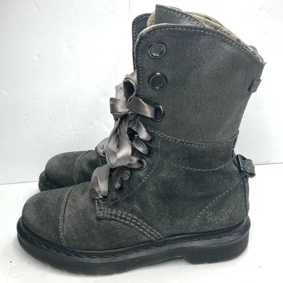 Dr. Martens Aimilie Metallic Pewter Leather Fold Over Combat Boots Womens Size 5