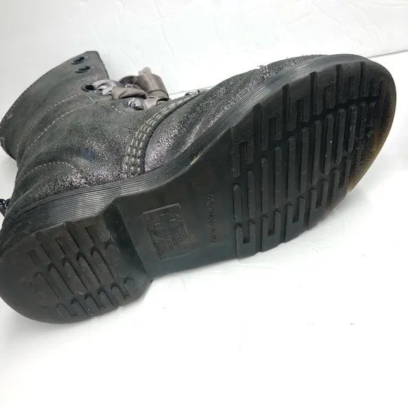 Dr. Martens Aimilie Metallic Pewter Leather Fold Over Combat Boots Womens Size 5
