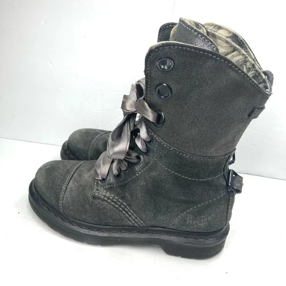 Dr. Martens Aimilie Metallic Pewter Leather Fold Over Combat Boots Womens Size 5