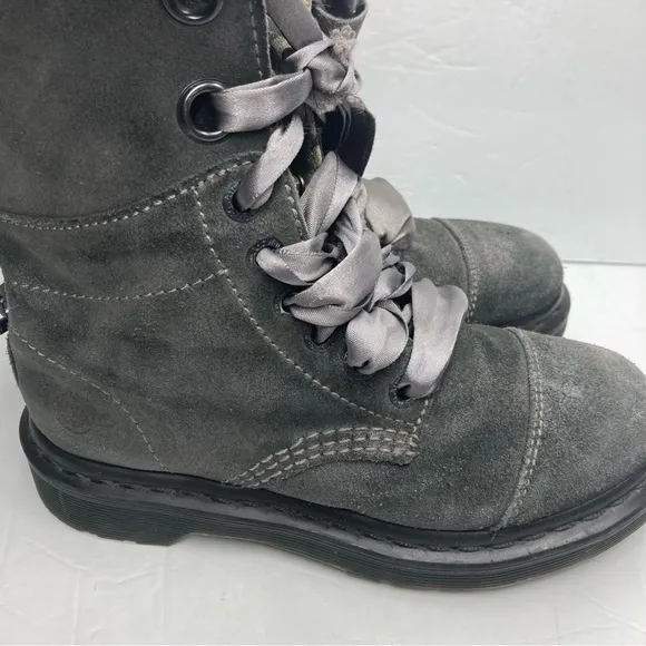 Dr. Martens Aimilie Metallic Pewter Leather Fold Over Combat Boots Womens Size 5