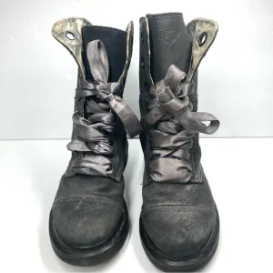 Dr. Martens Aimilie Metallic Pewter Leather Fold Over Combat Boots Womens Size 5