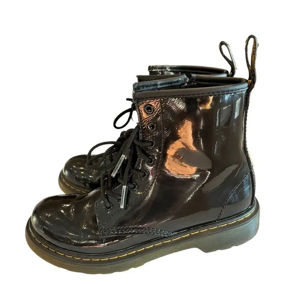 Dr Martens Black Combat Boots Youth size 3 Leather Lace Up Side Zip 1460J