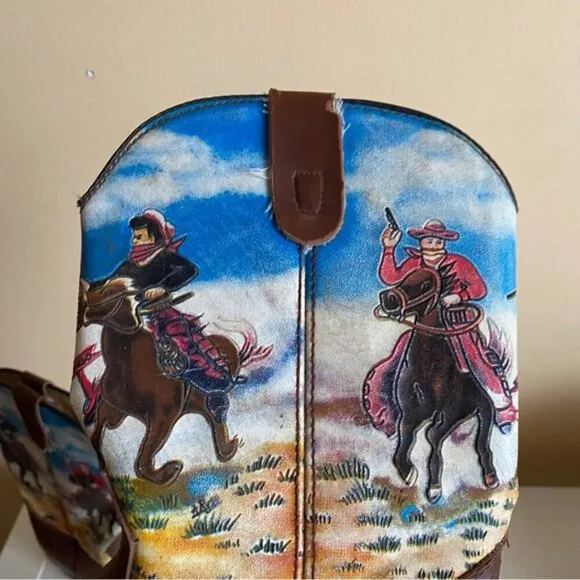Duragno Cowboy Print Leather Boots Little Kids Size 3 Made in China FLAWS