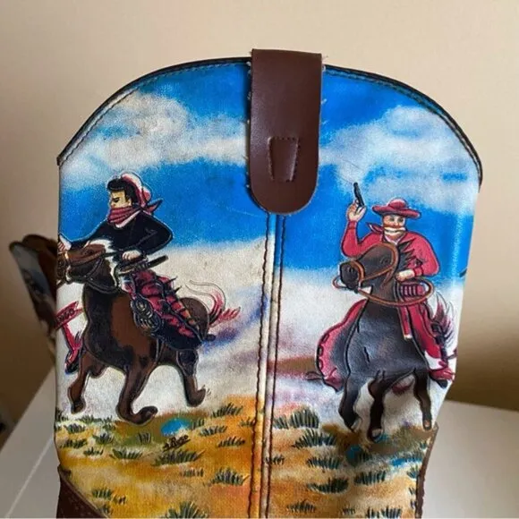 Duragno Cowboy Print Leather Boots Little Kids Size 3 Made in China FLAWS