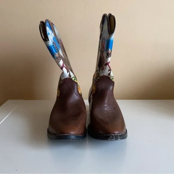 Duragno Cowboy Print Leather Boots Little Kids Size 3 Made in China FLAWS