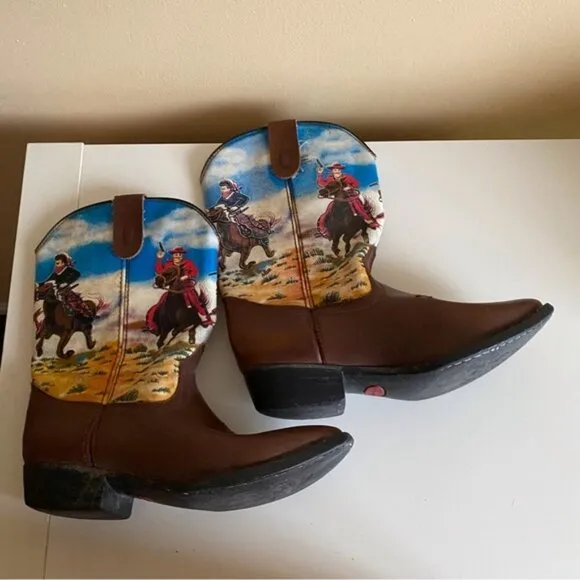Duragno Cowboy Print Leather Boots Little Kids Size 3 Made in China FLAWS