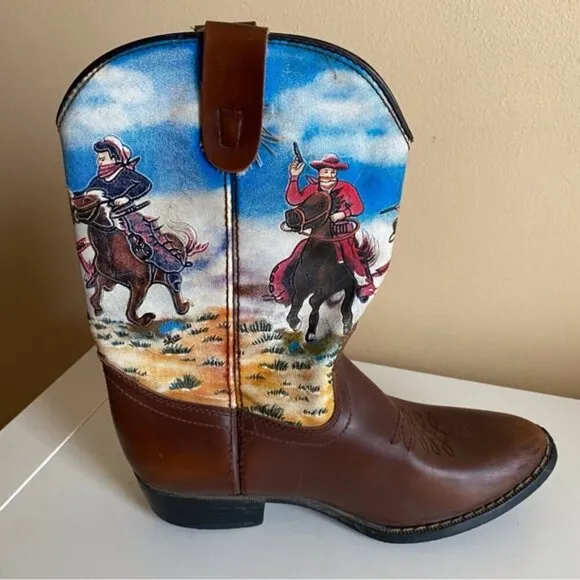 Duragno Cowboy Print Leather Boots Little Kids Size 3 Made in China FLAWS