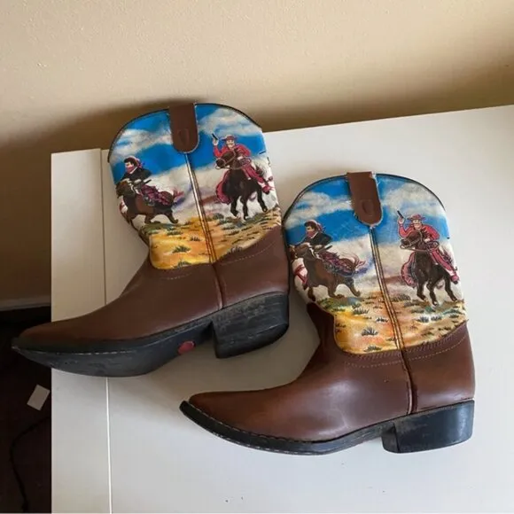 Duragno Cowboy Print Leather Boots Little Kids Size 3 Made in China FLAWS