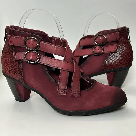 Earth Amber Burgundy Mary Jane Criss Cross Straps Zip Shoes Size 6.5 casual