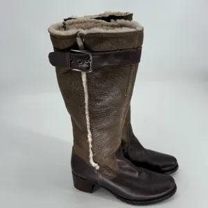 Ecco Womens Size 40 Brown Leather Buckle Tall Boots Sherpa Lined Pull On