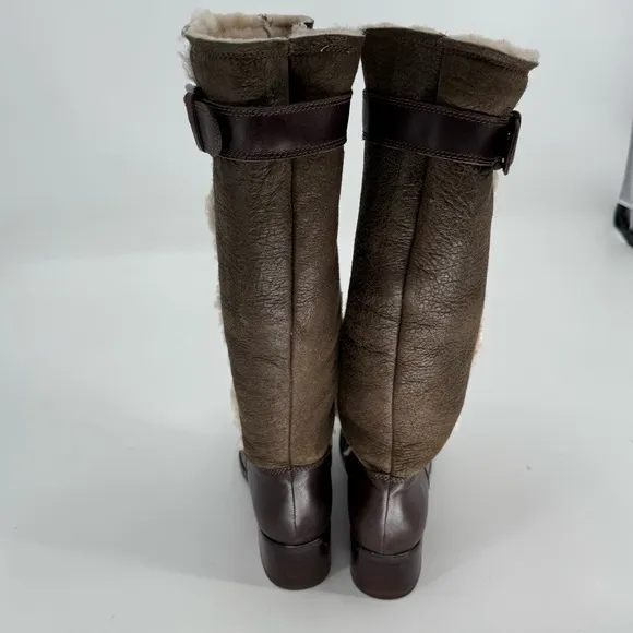 Ecco Womens Size 40 Brown Leather Buckle Tall Boots Sherpa Lined Pull On