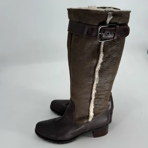 Ecco Womens Size 40 Brown Leather Buckle Tall Boots Sherpa Lined Pull On