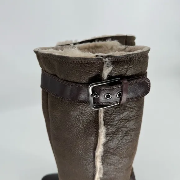 Ecco Womens Size 40 Brown Leather Buckle Tall Boots Sherpa Lined Pull On