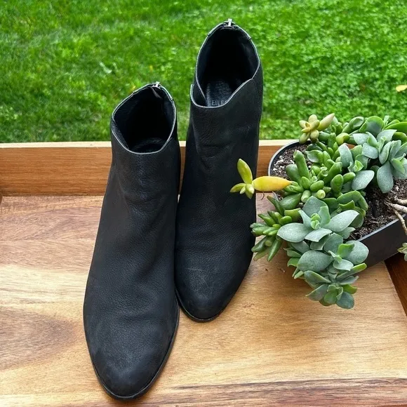 EILEEN FISCHER  “PEER” Suede Booties Heeled Ankle Boots Black | Size 9.5