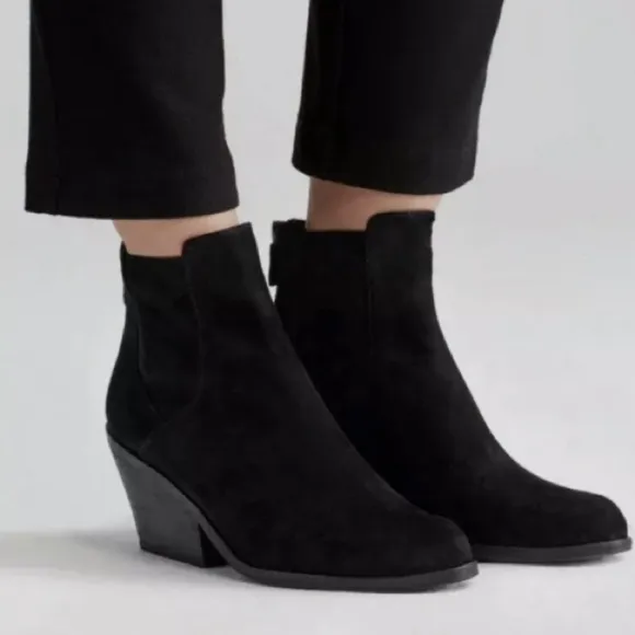 EILEEN FISCHER  “PEER” Suede Booties Heeled Ankle Boots Black | Size 9.5