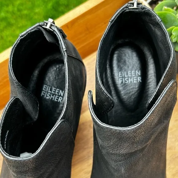 EILEEN FISCHER  “PEER” Suede Booties Heeled Ankle Boots Black | Size 9.5