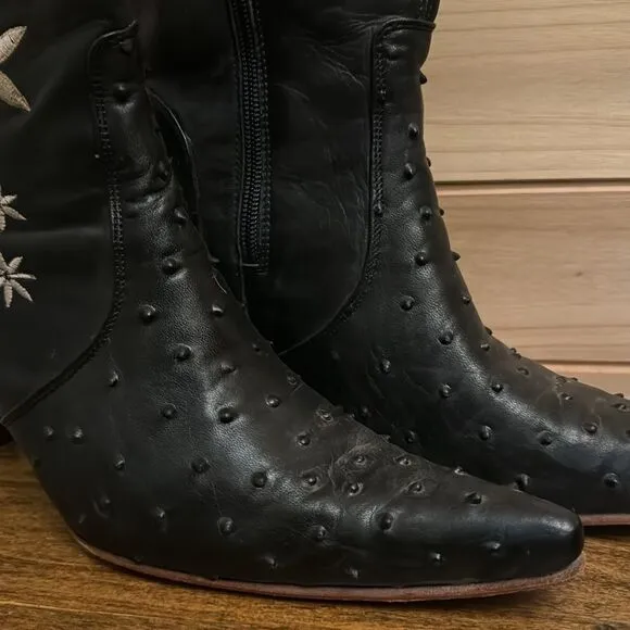 El Canelo Size 9 Floral Embroidered Leather Pointed High Heel Boots