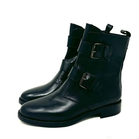 Emanuele Crasto Black Leather Italian Moto Boots Buckle Size 8.5 /EUR 39
