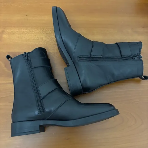 Emanuele Crasto Italian Black Leather Moto Boots Double Buckle Punk Goth 39