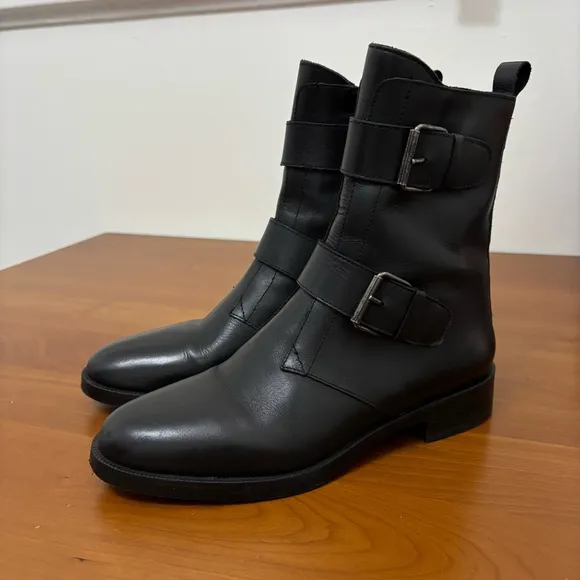 Emanuele Crasto Italian Black Leather Moto Boots Double Buckle Punk Goth 39