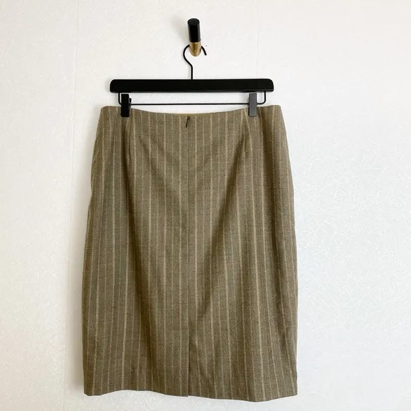 Escada Wool Pinstripe Taupe Brown Pencil Skirt Striped Classic Suiting Skirt
