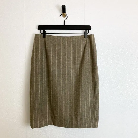 Escada Wool Pinstripe Taupe Brown Pencil Skirt Striped Classic Suiting Skirt