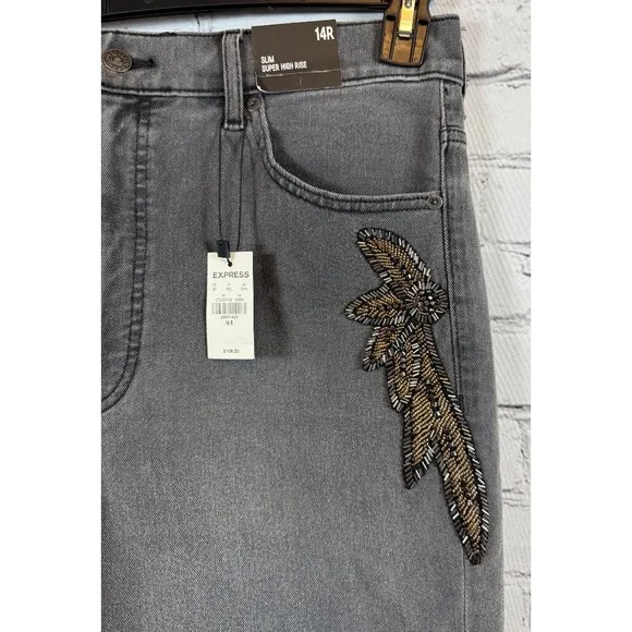 Express Slim Super High Rise Gray Jeans Embellished Straight Leg 14R