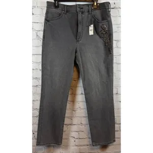 Express Slim Super High Rise Gray Jeans Embellished Straight Leg 14R