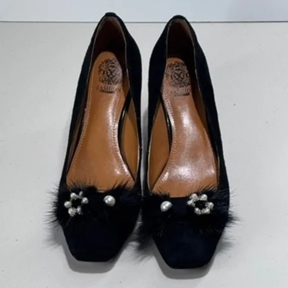 Fashion Black Suede Pumps Pearl Heel Embellished Occasion Shoes US 10.5