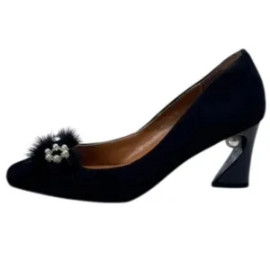 Fashion Black Suede Pumps Pearl Heel Embellished Occasion Shoes US 10.5
