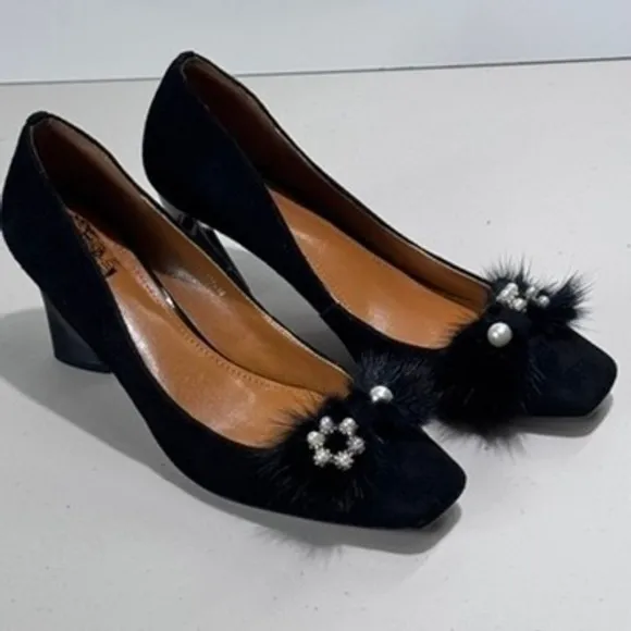 Fashion Black Suede Pumps Pearl Heel Embellished Occasion Shoes US 10.5