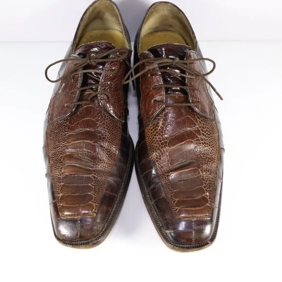 FLAWS** Belvedere Genuine Ostrich Brown Leather Oxford‎ Dress Shoes Mens 9.5 E