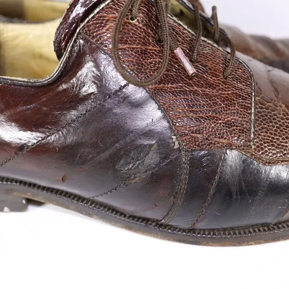 FLAWS** Belvedere Genuine Ostrich Brown Leather Oxford‎ Dress Shoes Mens 9.5 E