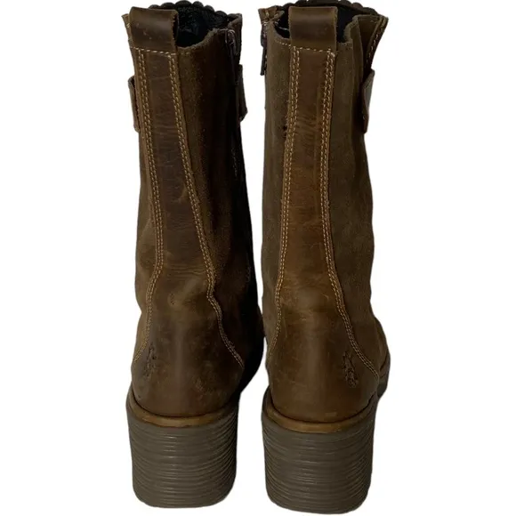 Fly London Brown Leather Suede Boot Bootie Chunky Heel 38 US 8