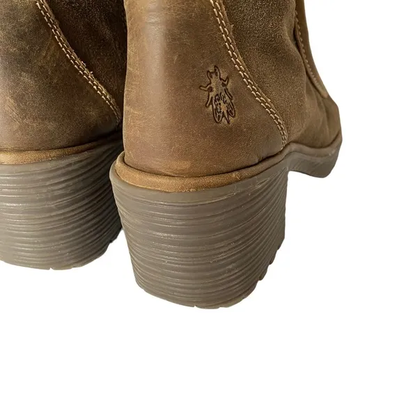 Fly London Brown Leather Suede Boot Bootie Chunky Heel 38 US 8