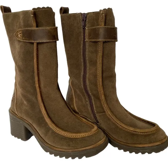 Fly London Brown Leather Suede Boot Bootie Chunky Heel 38 US 8