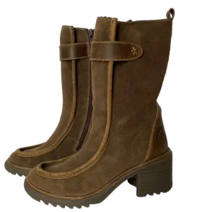Fly London Brown Leather Suede Boot Bootie Chunky Heel 38 US 8