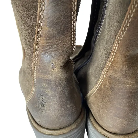 Fly London Brown Leather Suede Boot Bootie Chunky Heel 38 US 8