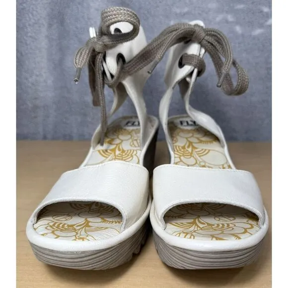 FLY LONDON P501206003 Wedge Shoes Leather Beige Lace‎ Up Size 9-9.5 Eu 40