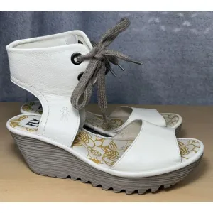 FLY LONDON P501206003 Wedge Shoes Leather Beige Lace‎ Up Size 9-9.5 Eu 40