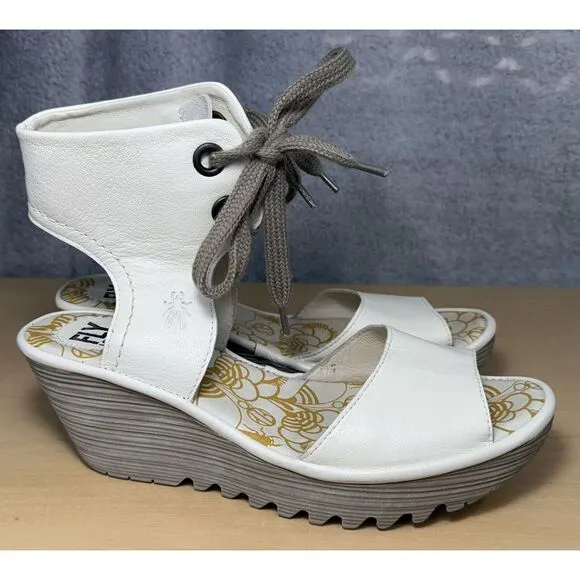 FLY LONDON P501206003 Wedge Shoes Leather Beige Lace‎ Up Size 9-9.5 Eu 40