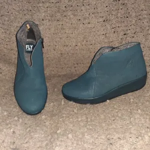 FLY LONDON-Teal Nubuck-Leather Wrapped Platform Wedge-Side Zip-Sz 37-Near Mint