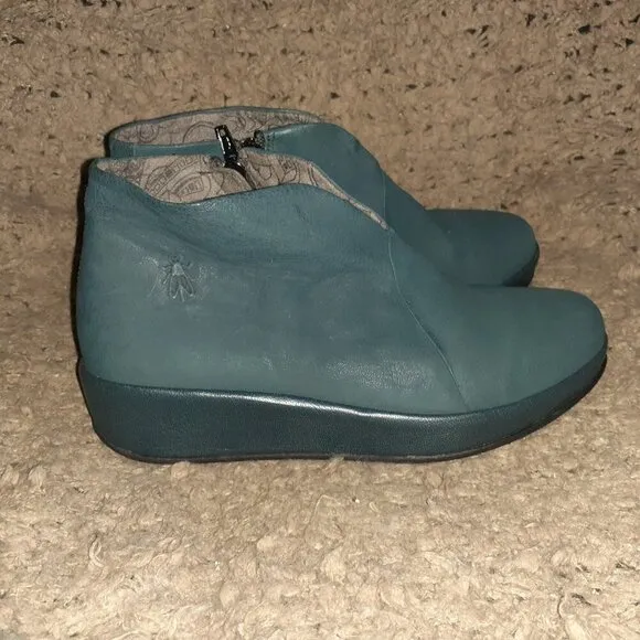 FLY LONDON-Teal Nubuck-Leather Wrapped Platform Wedge-Side Zip-Sz 37-Near Mint