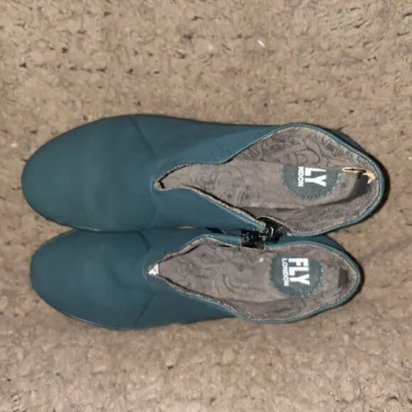 FLY LONDON-Teal Nubuck-Leather Wrapped Platform Wedge-Side Zip-Sz 37-Near Mint