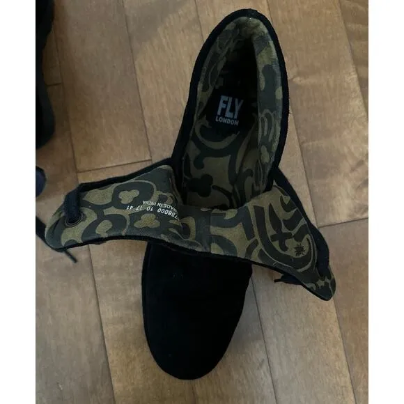 FLY London Women's Black Velvet Yama Ankle wedge Boot size 10